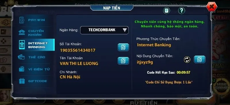 Hướng dẫn thực hiện giao dịch ngân hàng nạp game bài