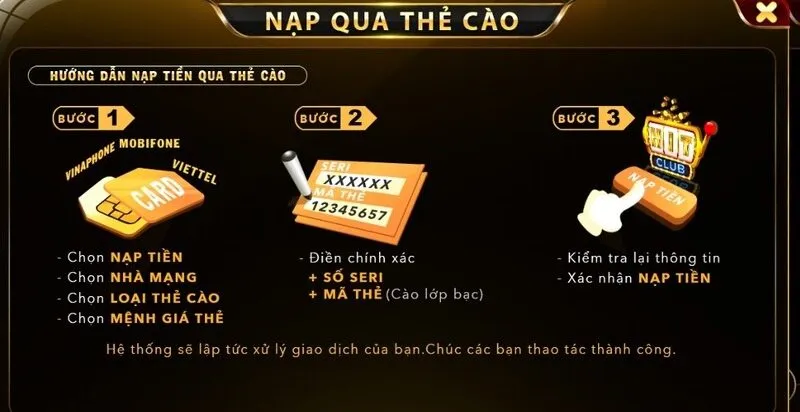 Thực hiện top 3 thẻ cào nên nạp game bài với 3 bước